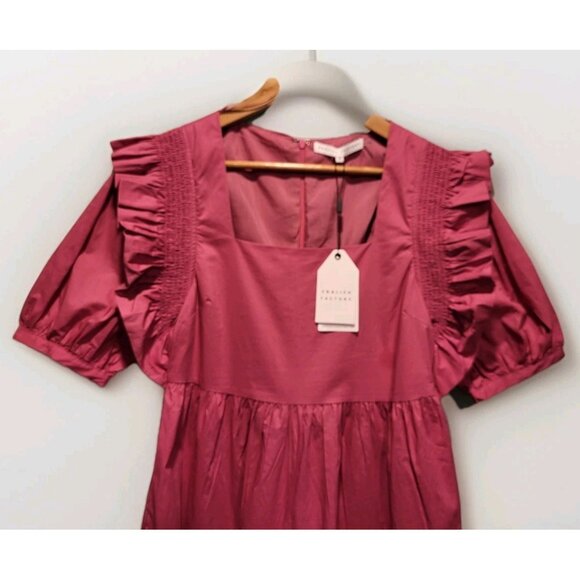 New English Factory Berry Pink Tiered Square Neck Puff Sleeve Midi Dress XS - Picture 2 of 9
